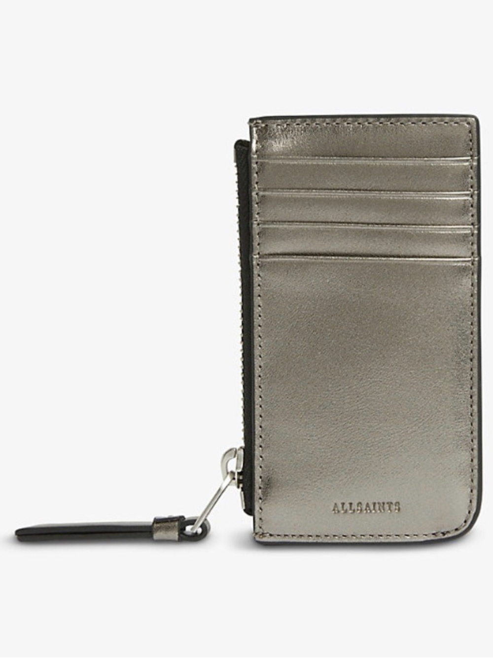 AllSaints Marlborough Leather Cardholder Zipper Wallet, Metallic Silver Gunmetal
